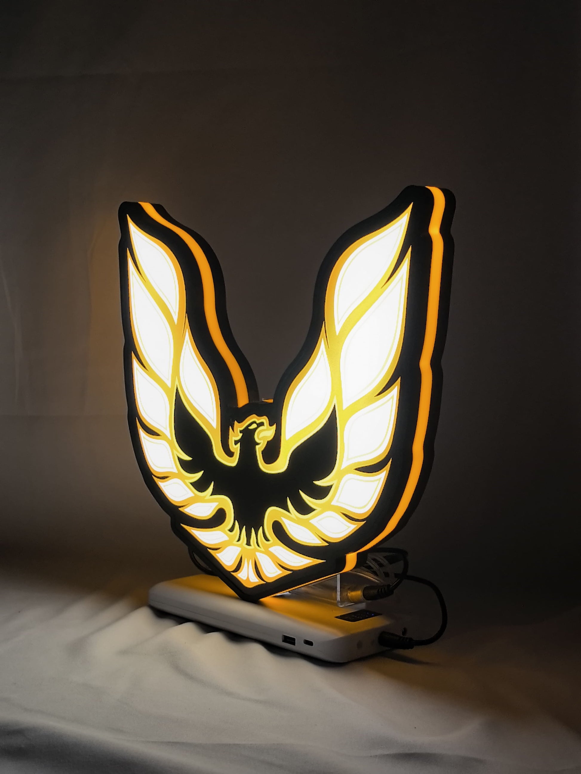 Illuminated angled view standing of Pontiac Firebird 1977 Illuminated Sign in 30cm, perfect for garage and man cave decor