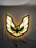 30cm Pontiac Firebird 1977 Glowing Wall Art - Illuminated flat lay front view, perfect for garage and man cave decor