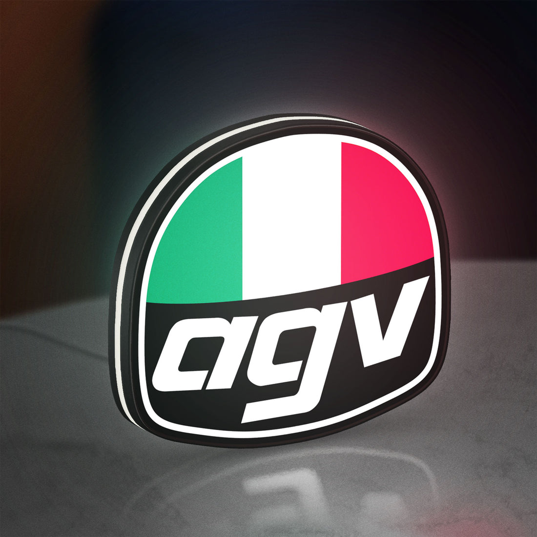 AGV Racing LED lightbox hanging on a wall with white glow