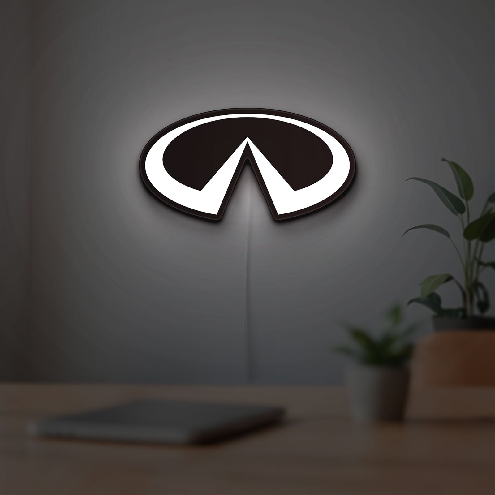 Infiniti LED lightbox hanging on a room wall with soft white light