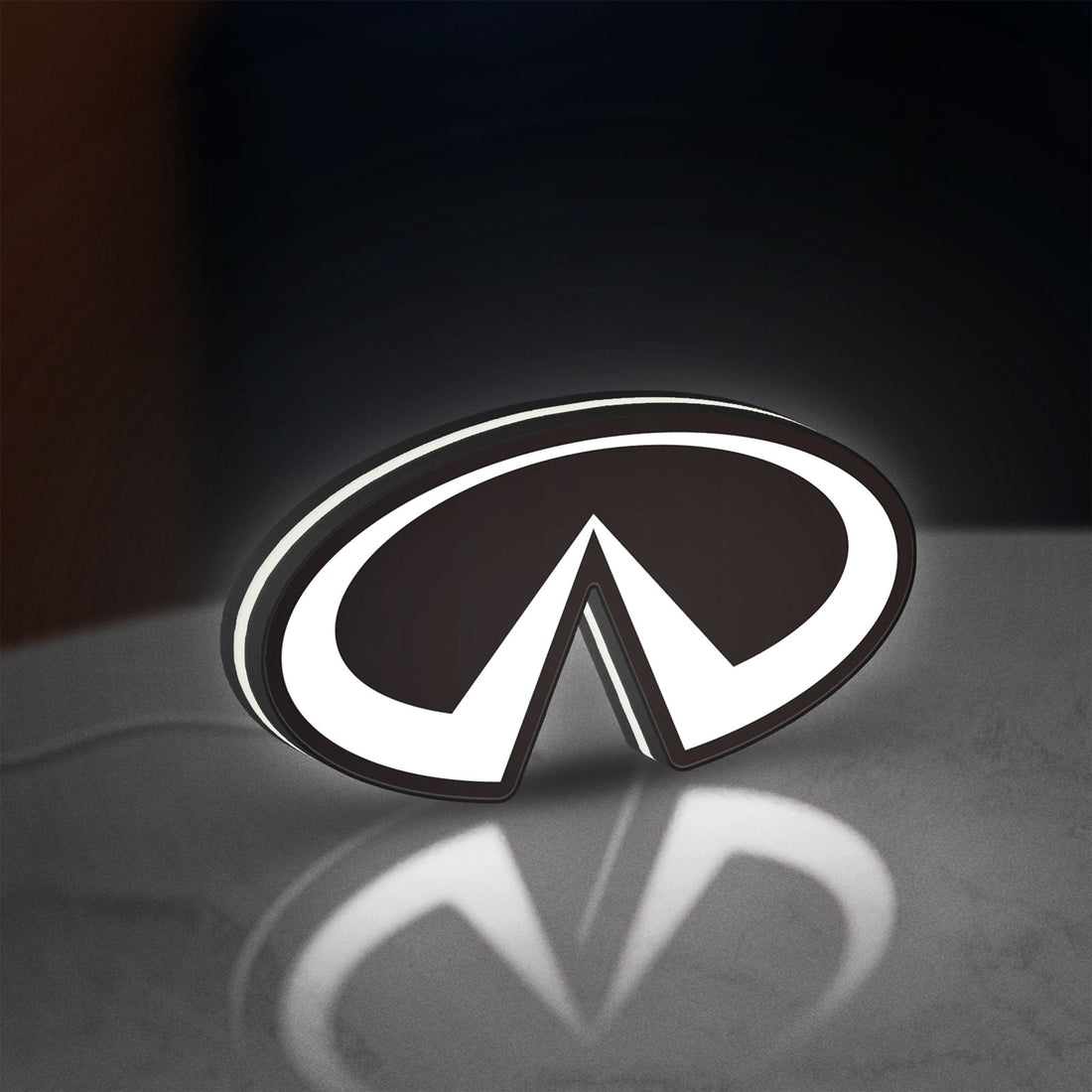 Infiniti LED lightbox hanging on a wall with white glow