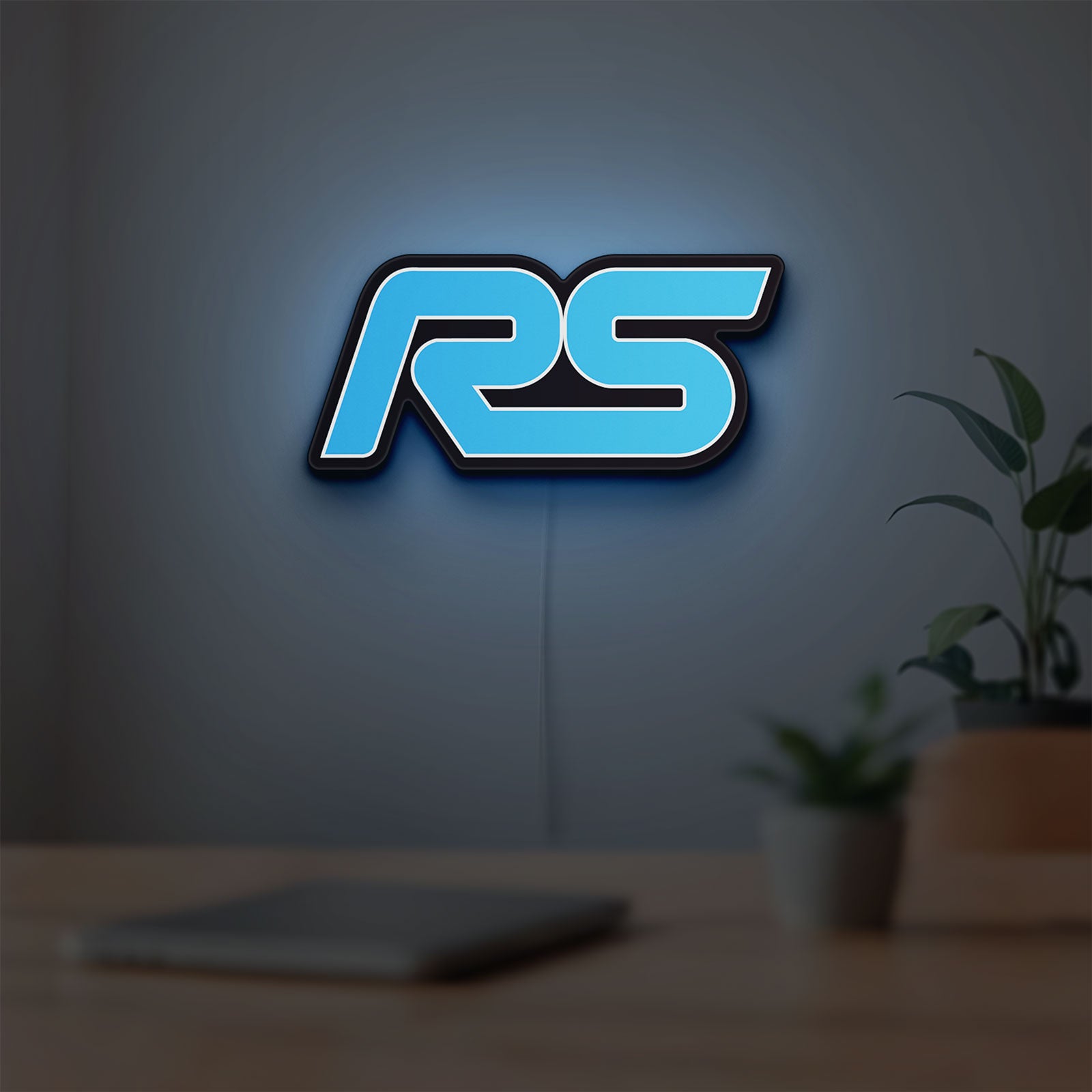 Ford Focus RS LED lightbox hanging on a room wall with soft blue light