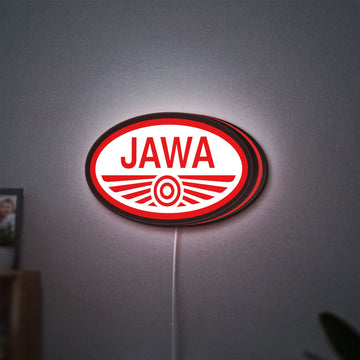 Jawa Motorcycle LED lightbox hanging on a wall with red glow
