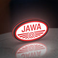 Jawa Motorcycle LED lightbox standing on a desk from an angled side view with red glow
