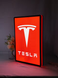 Tesla LED Light Box (40cm) - Illuminated angled view standing, perfect for garage and man cave decor