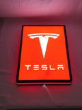 40cm Tesla 3D Printed Sign - Illuminated flat lay angled view, perfect for garage and man cave decor