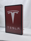 Tesla LED Sign (40cm) - Unlit angled details standing, perfect for garage and man cave decor