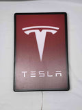 Unlit flat lay front details of Tesla 3D LED Sign in 40cm, perfect for garage and man cave decor