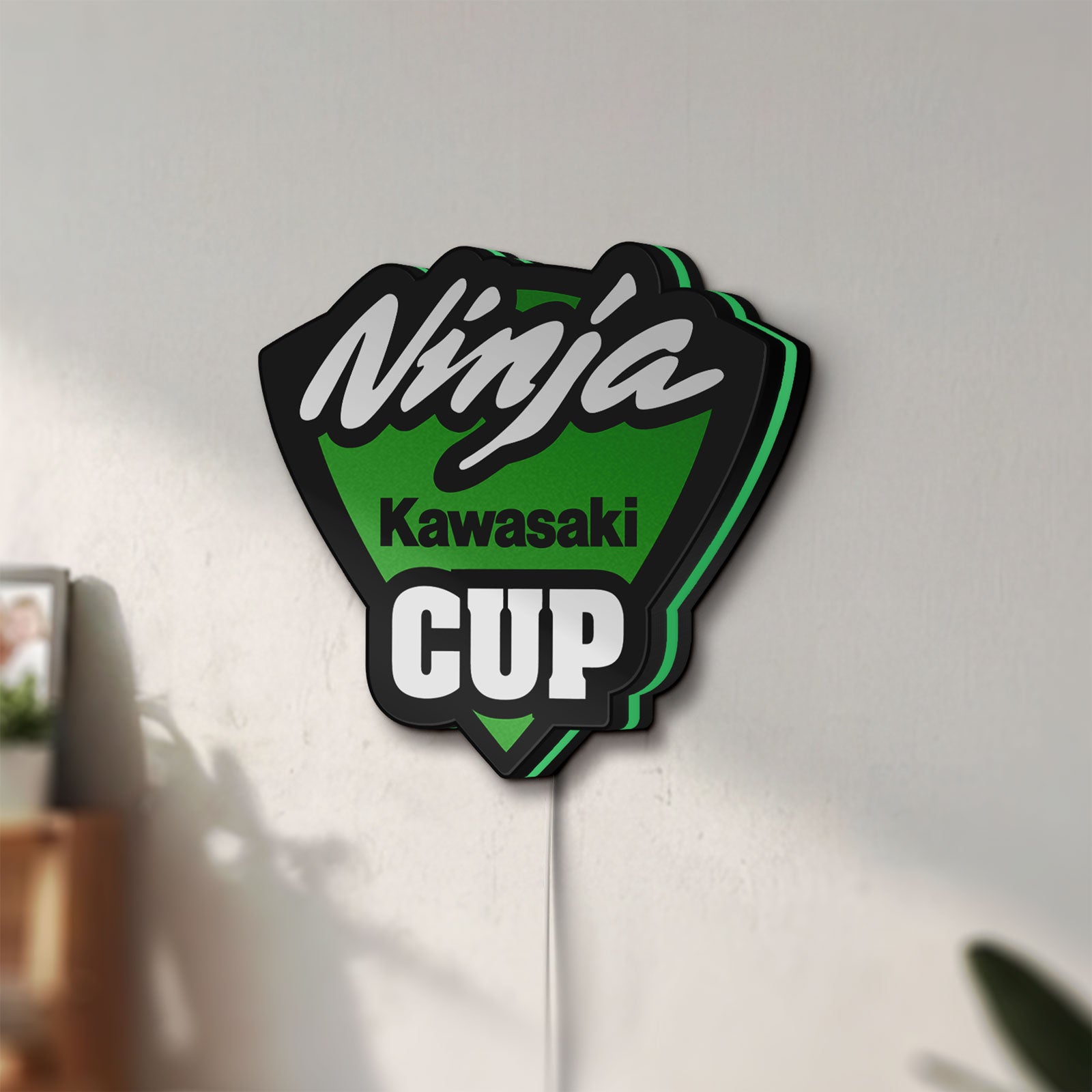 Unlit Kawasaki Ninja Cup LED lightbox mounted on a wall in daylight