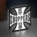 West Coast Choppers LED lightbox standing on a desk from an angled side view with white glow