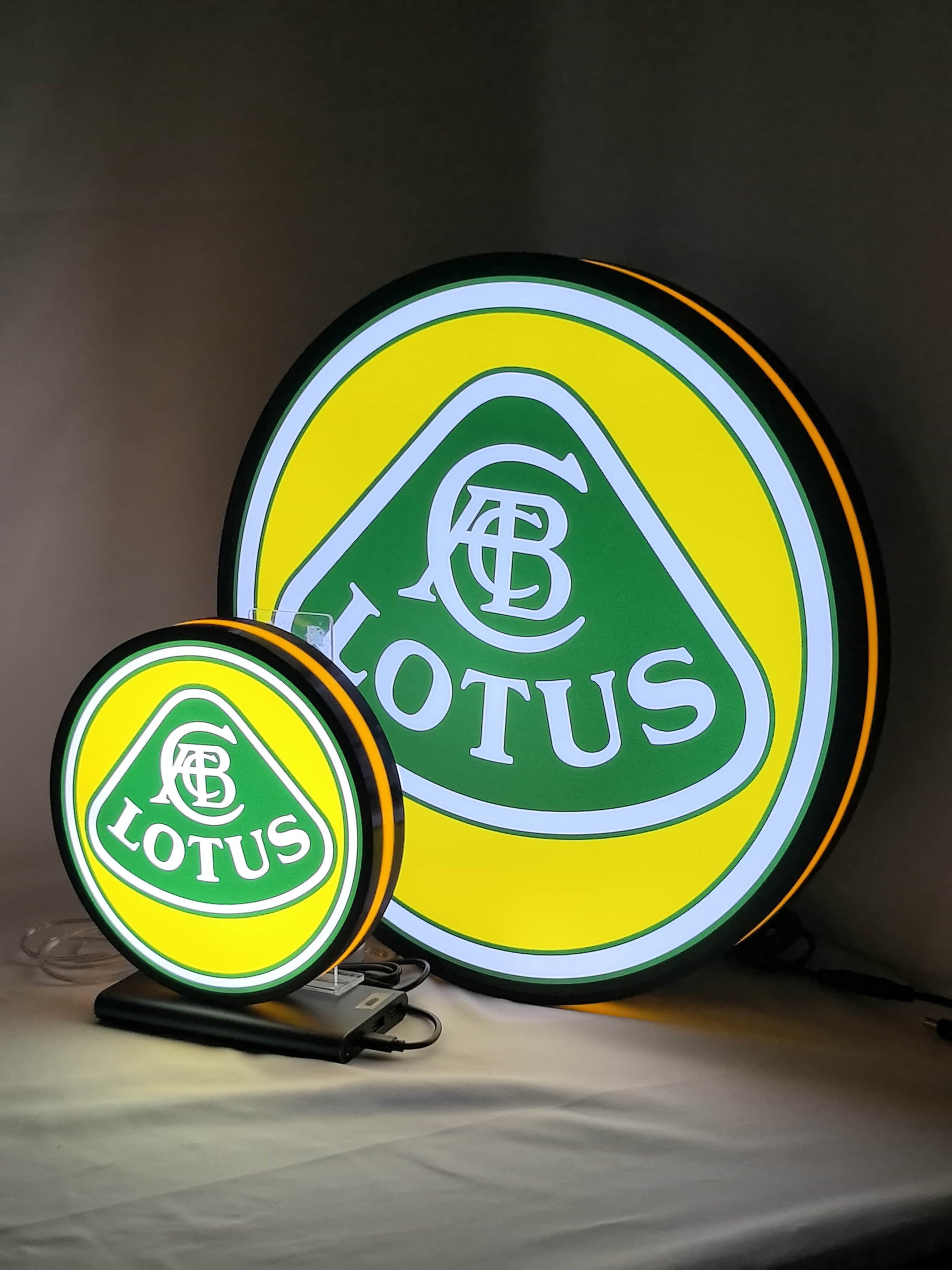 Lotus Cars Glowing Wall Art - Illuminated angled view standing, perfect for garage and man cave decor