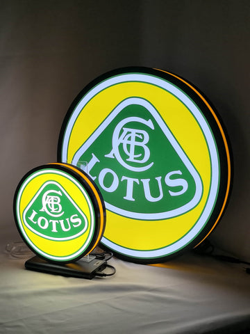 Lotus Cars Glowing Wall Art - Illuminated angled view standing, perfect for garage and man cave decor