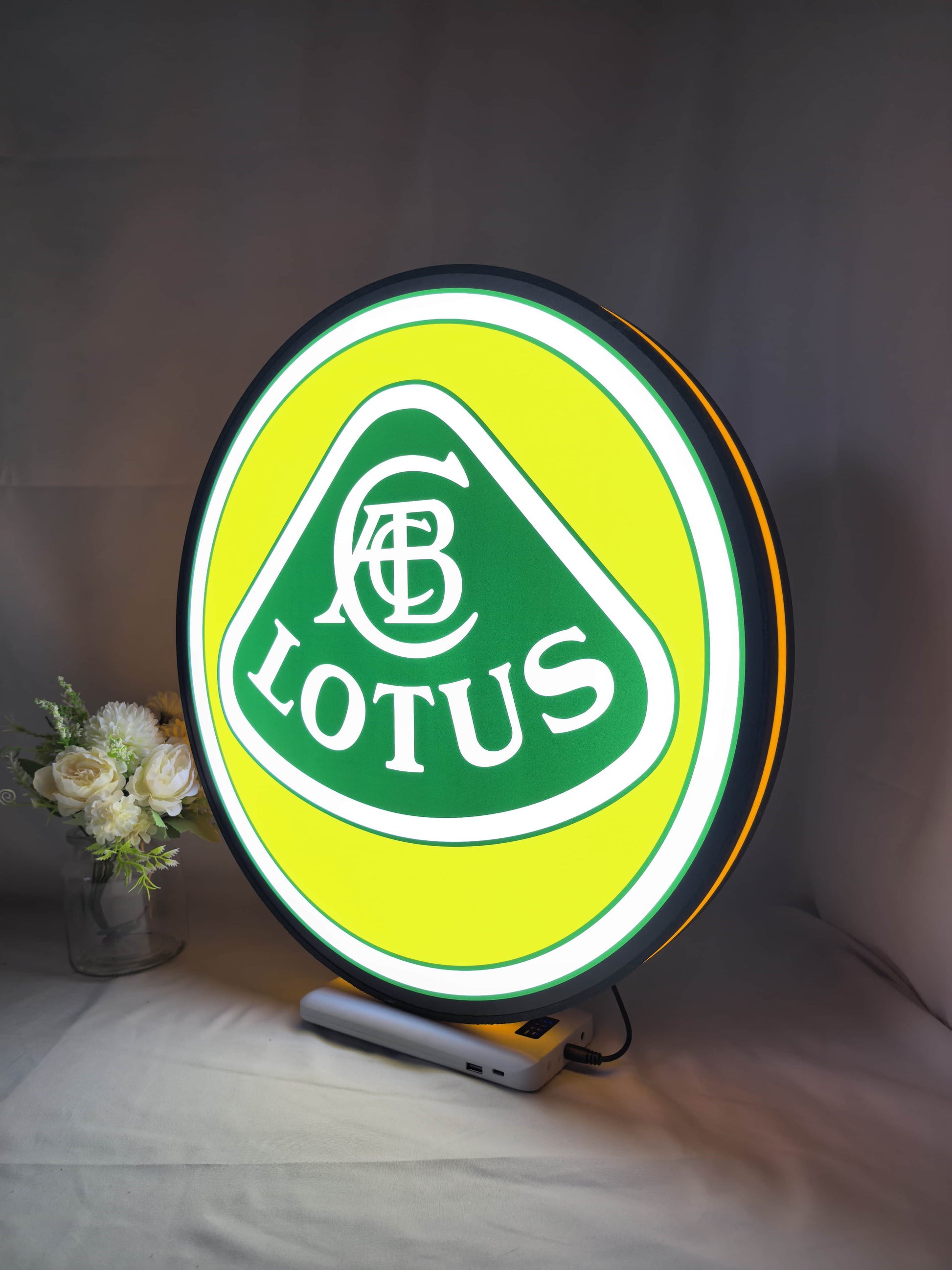 50cm Lotus Cars 3D Printed Sign - Illuminated angled view standing, perfect for garage and man cave decor