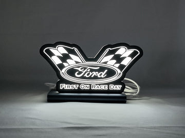 Ford Racing LED Sign (20cm) - Illuminated front view standing, perfect for garage and man cave decor
