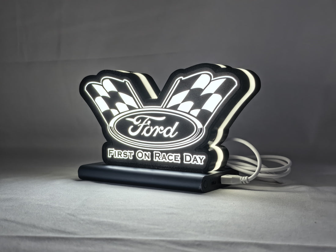 Ford Racing LED Sign (20cm) - Illuminated front view standing, perfect for garage and man cave decor