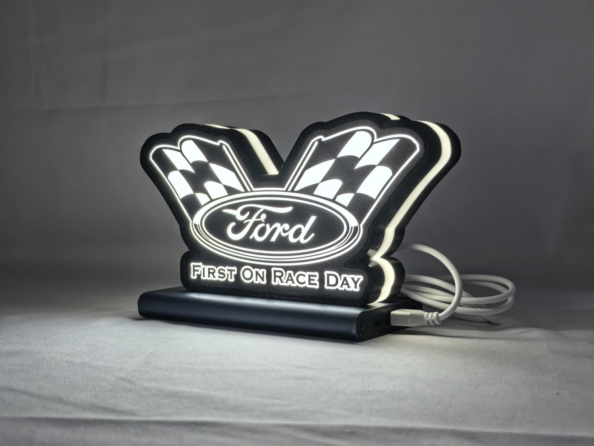 20cm Ford Racing Glowing Wall Art - Illuminated angled view standing, perfect for garage and man cave decor