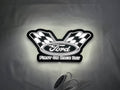 20cm Ford Racing 3D Printed Sign - Illuminated flat lay front view, perfect for garage and man cave decor