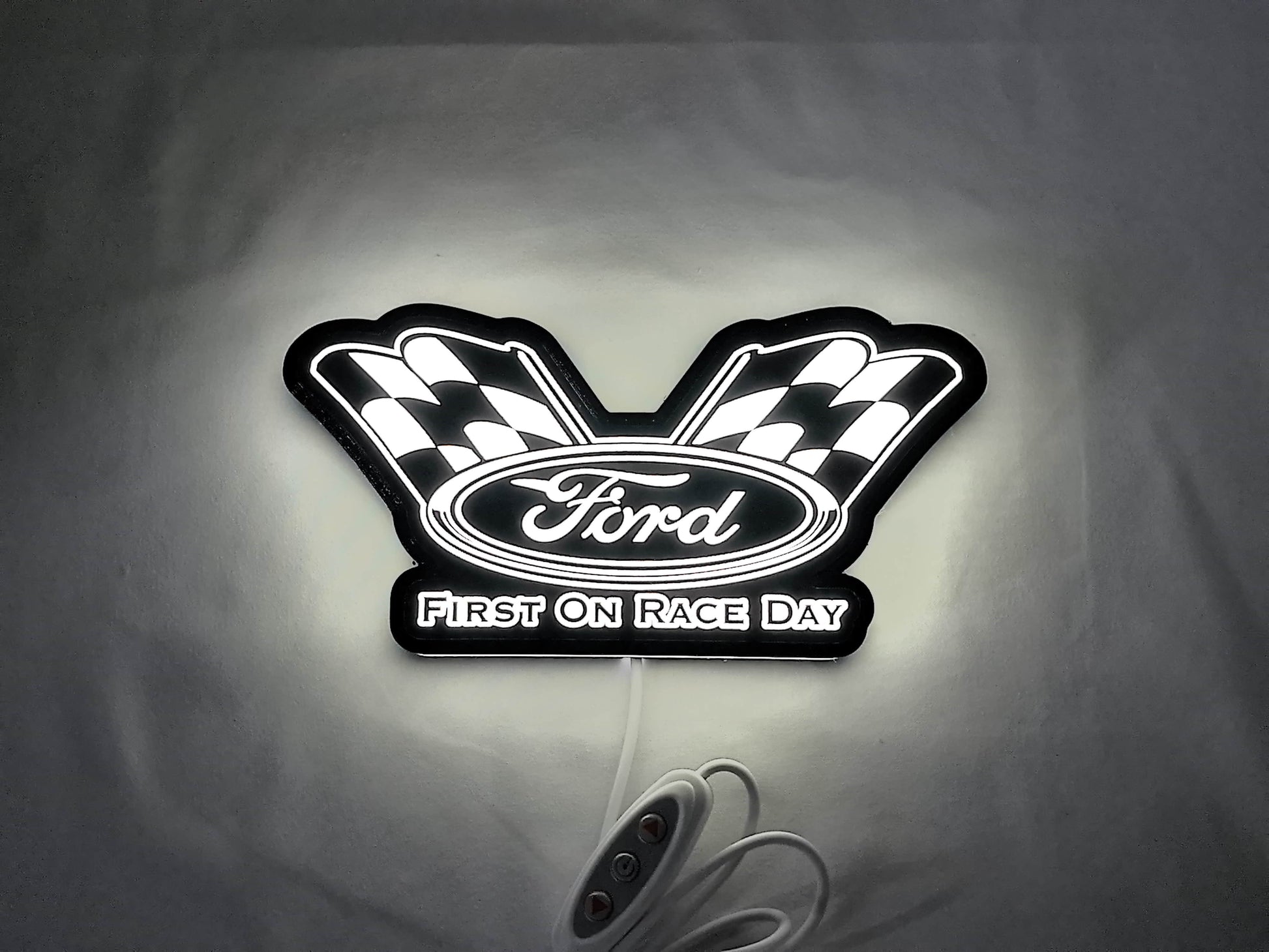 20cm Ford Racing 3D Printed Sign - Illuminated flat lay front view, perfect for garage and man cave decor