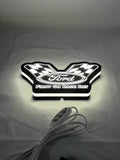 Illuminated flat lay angled view of Ford Racing Illuminated Sign in 20cm, perfect for garage and man cave decor
