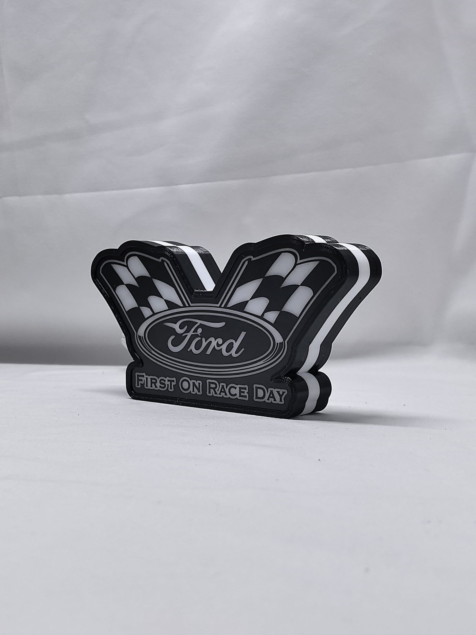 20cm Ford Racing 3D Printed Sign - Unlit angled details standing, perfect for garage and man cave decor