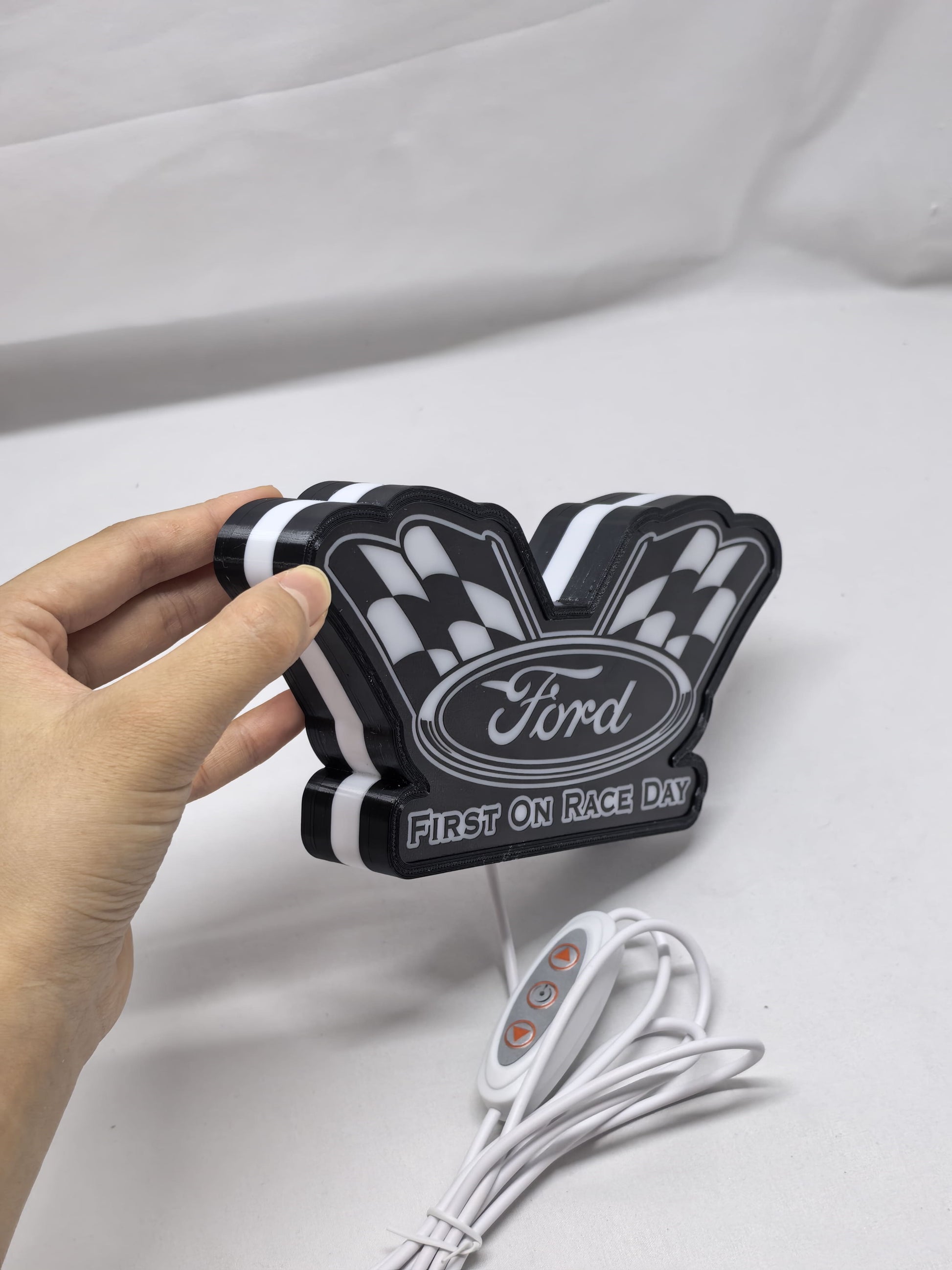 20cm Ford Racing 3D Printed Sign - Unlit handheld size reference, perfect for garage and man cave decor