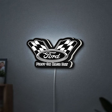 Ford Racing LED lightbox hanging on a wall with white glow