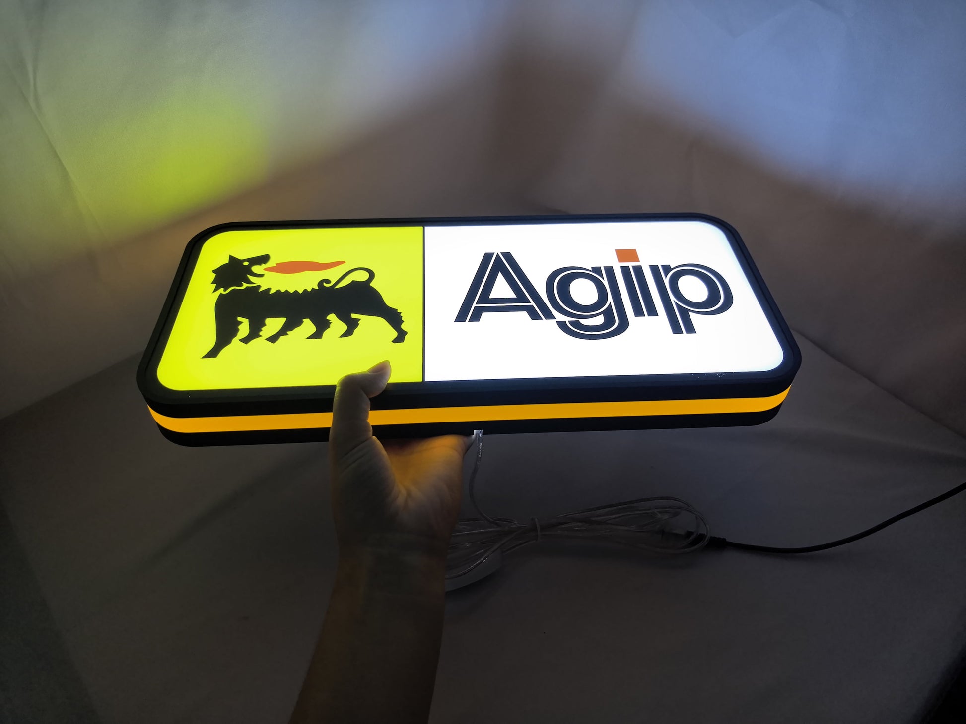40cm Agip Six Legged Dog 3D Printed Sign - Illuminated handheld size reference, unique wall art for desk and room decor