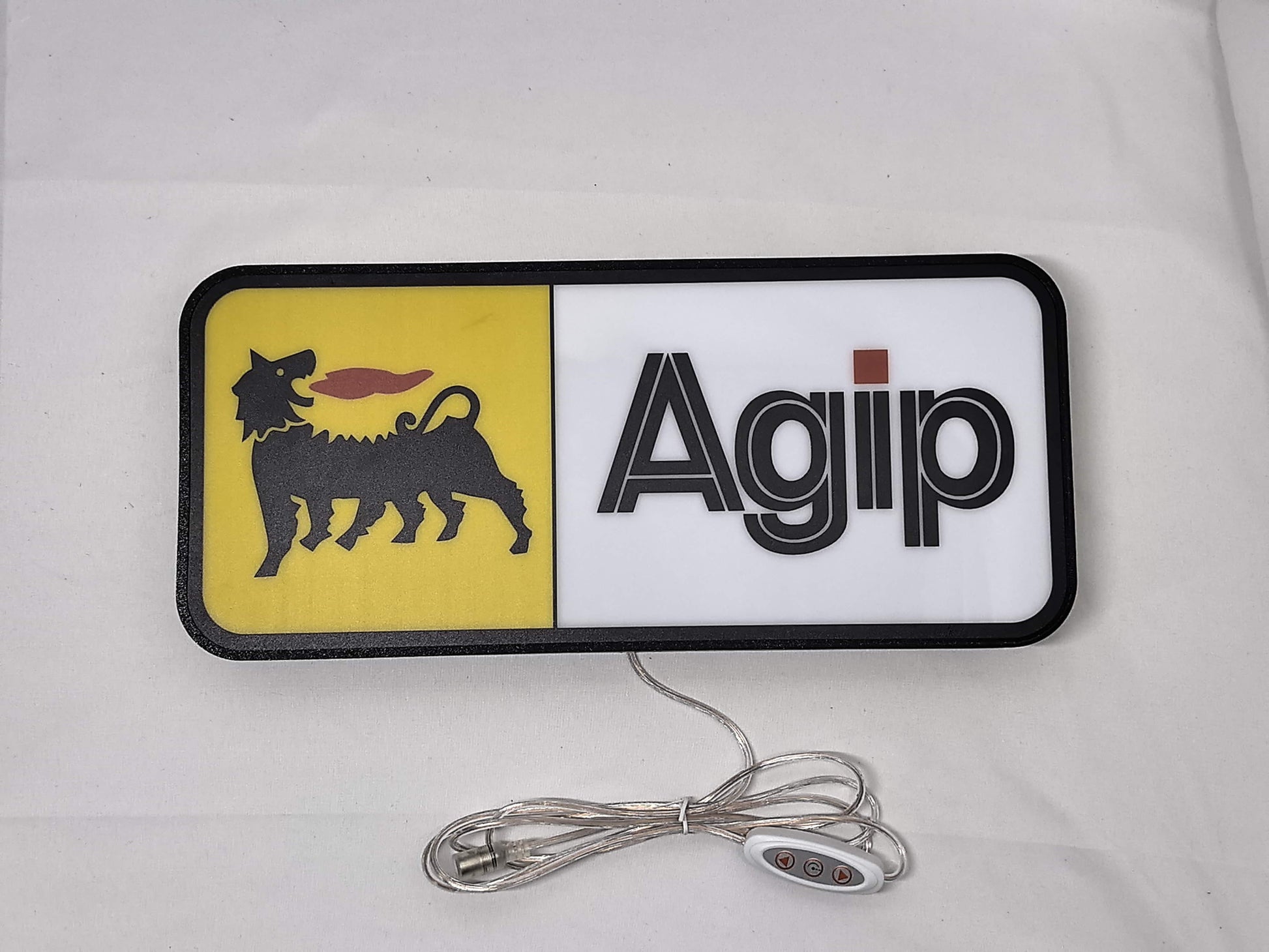 Agip Six Legged Dog LED Sign (40cm) - Unlit flat lay front details, unique wall art for desk and room decor