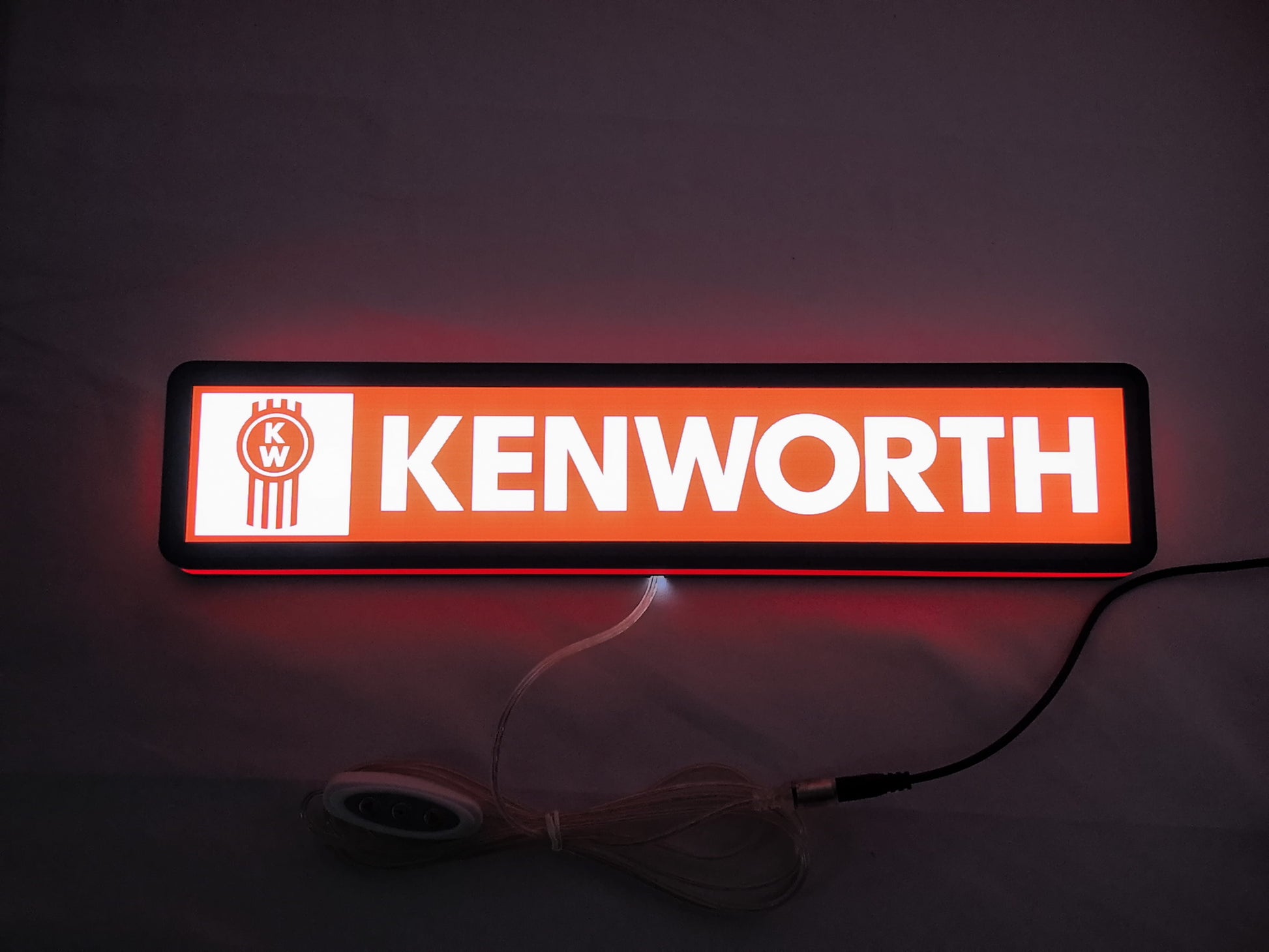 Illuminated flat lay front view of Kenworth Illuminated Sign in 40cm, perfect for garage and man cave decor