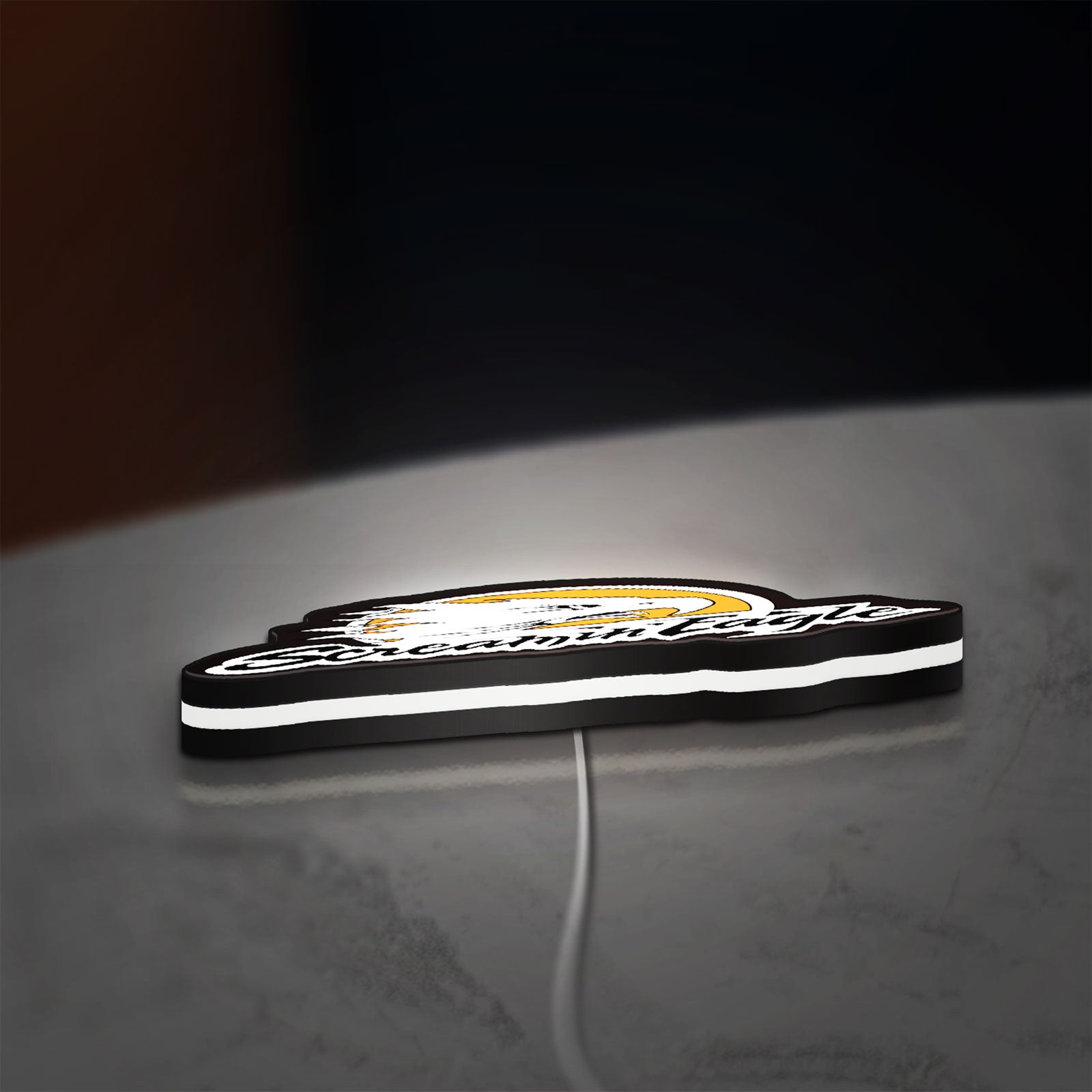 Screamin Eagle LED lightbox lying flat on a desk with white glow