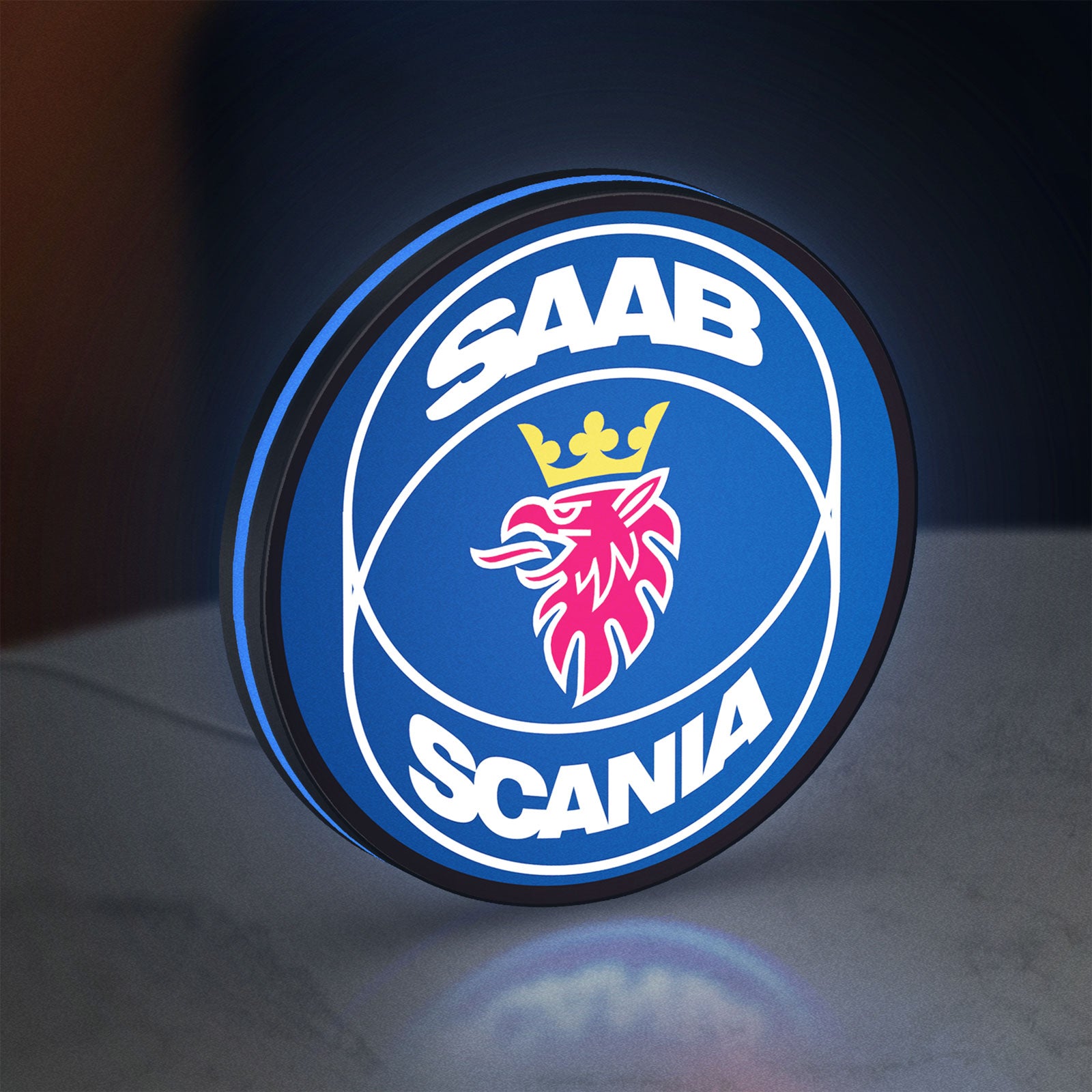 SAAB Scania LED lightbox standing on a desk from an angled side view with blue glow