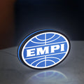 EMPI Volkswagen LED lightbox standing on a desk from an angled side view with blue glow