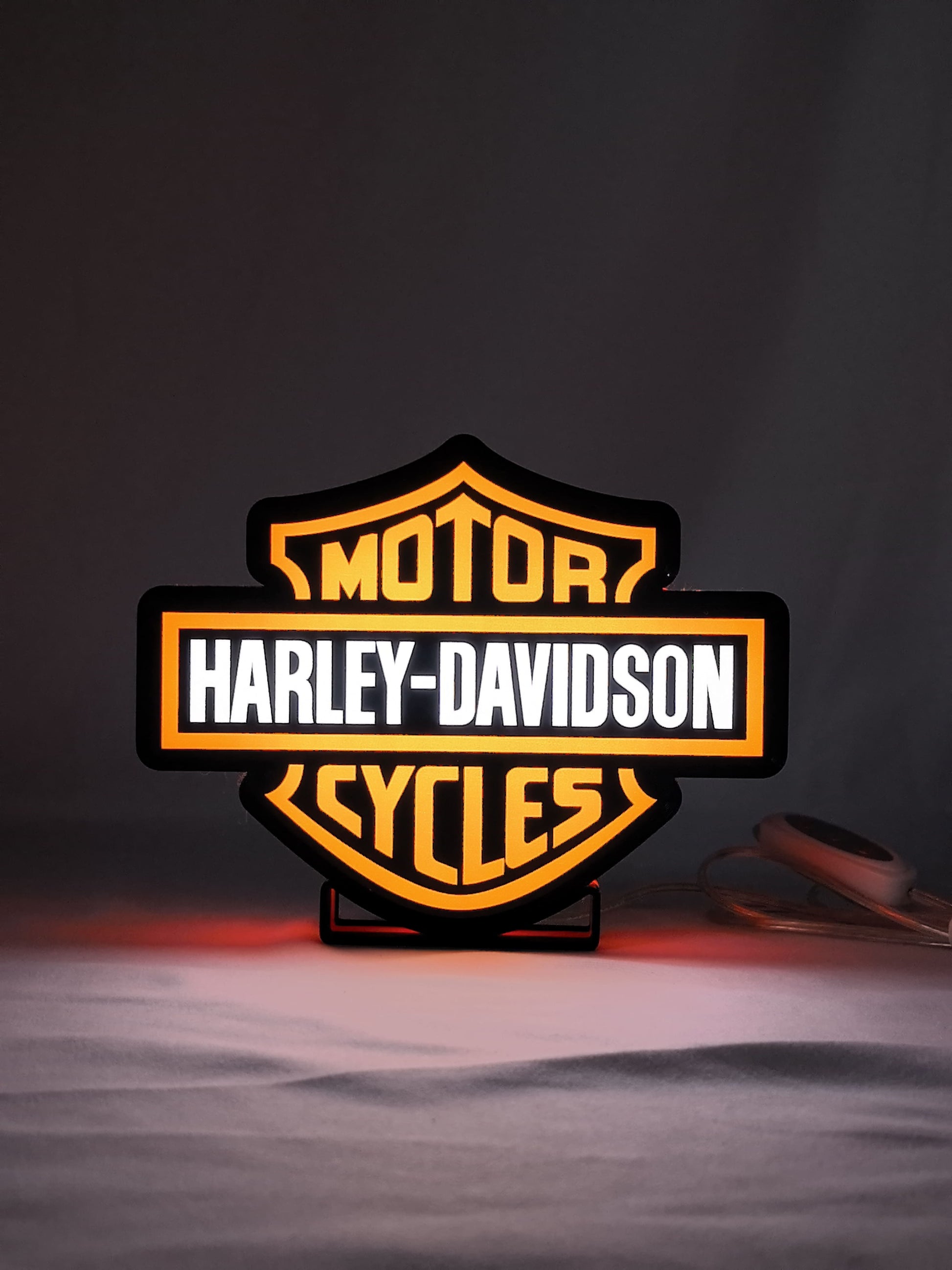 Harley Davidson LED Sign (20cm) - Illuminated front view standing, unique wall art for desk and room decor