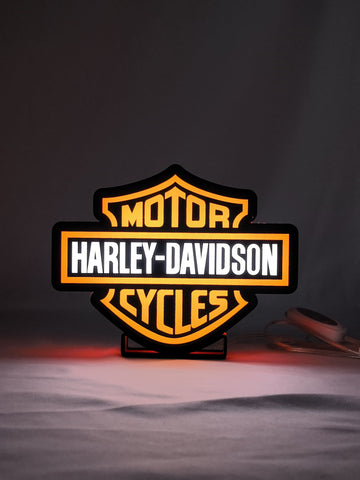 Harley Davidson LED Sign (20cm) - Illuminated front view standing, unique wall art for desk and room decor