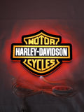 Harley Davidson LED Sign (20cm) - Illuminated flat lay front view, unique wall art for desk and room decor
