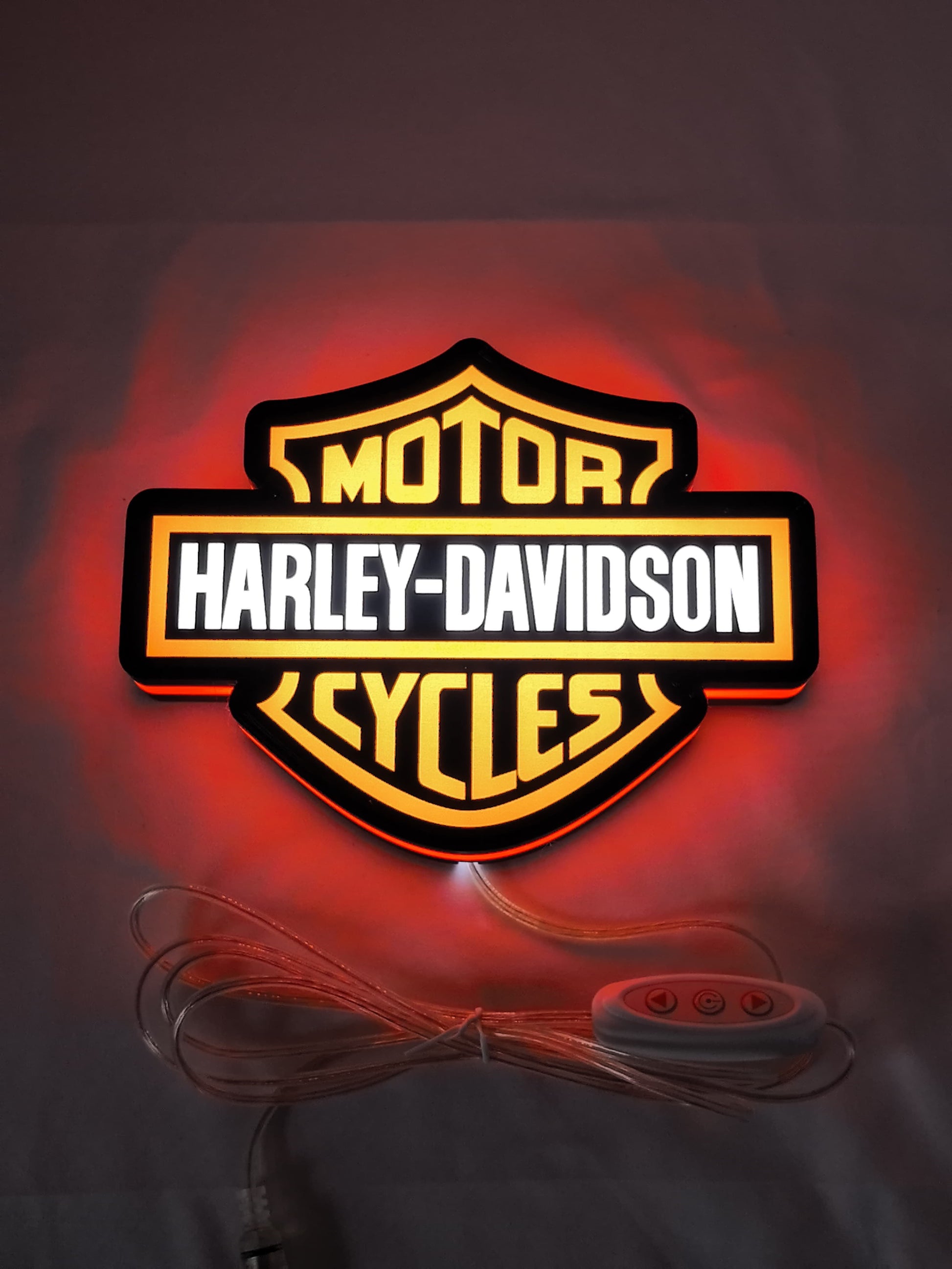 Harley Davidson LED Sign (20cm) - Illuminated flat lay front view, unique wall art for desk and room decor