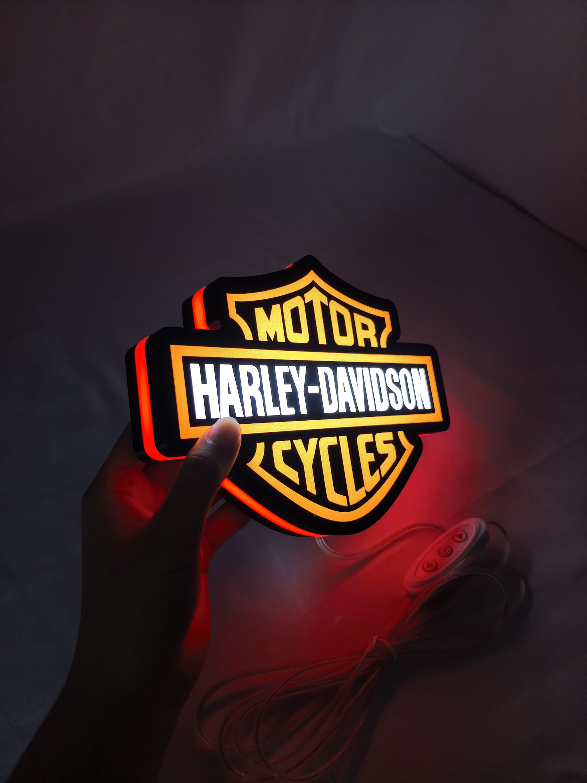 20cm Harley Davidson 3D Printed Sign - Illuminated handheld size reference, unique wall art for desk and room decor