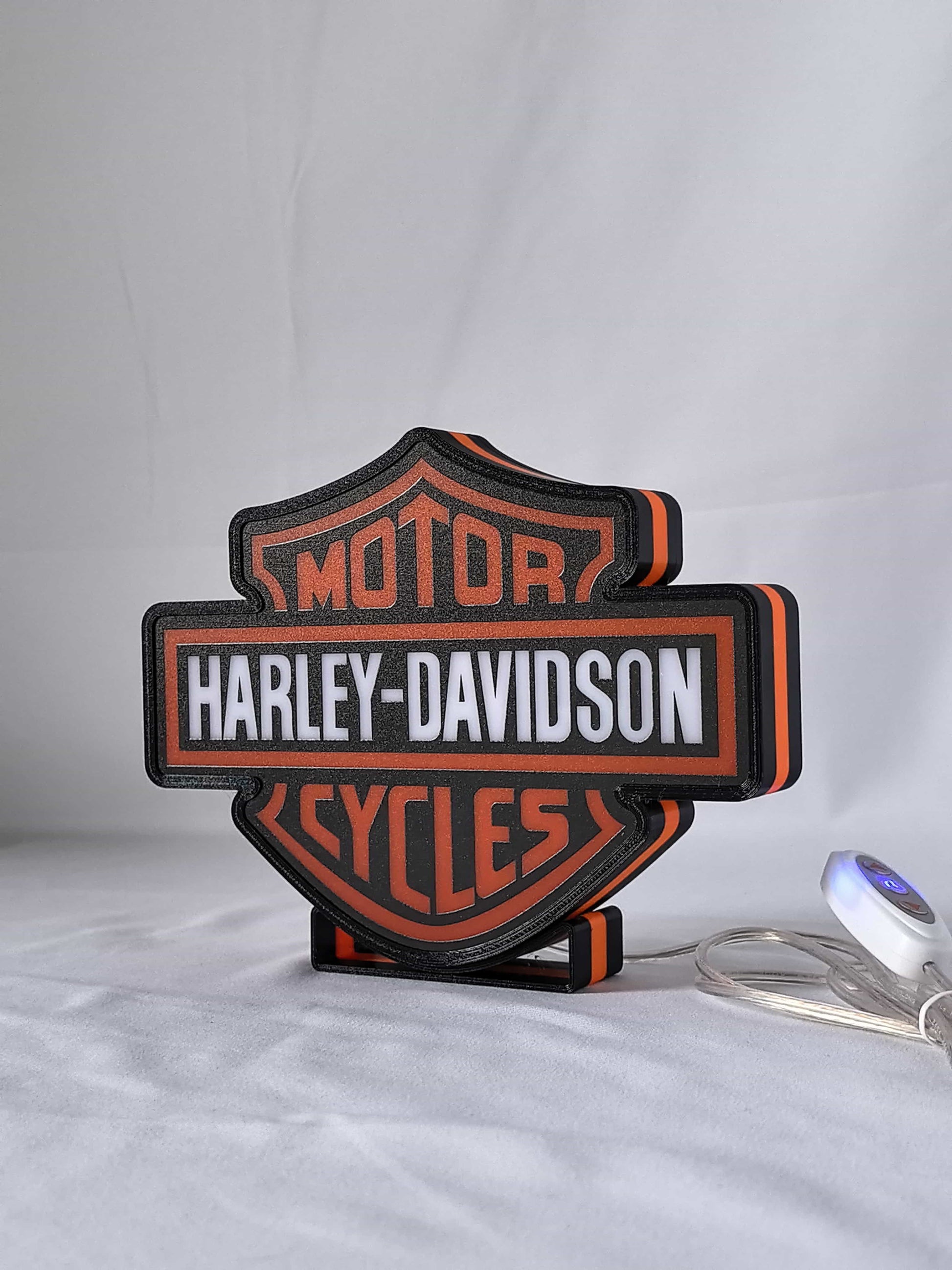 Unlit angled details standing of Harley Davidson Illuminated Sign in 20cm, unique wall art for desk and room decor