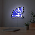Mondial Motorcycle LED lightbox hanging on a room wall with soft blue light
