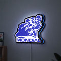 Mondial Motorcycle LED lightbox hanging on a wall with blue glow