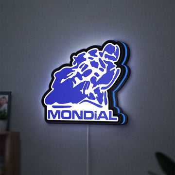 Mondial Motorcycle LED lightbox hanging on a wall with blue glow