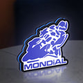 Mondial Motorcycle LED lightbox standing on a desk from an angled side view with blue glow