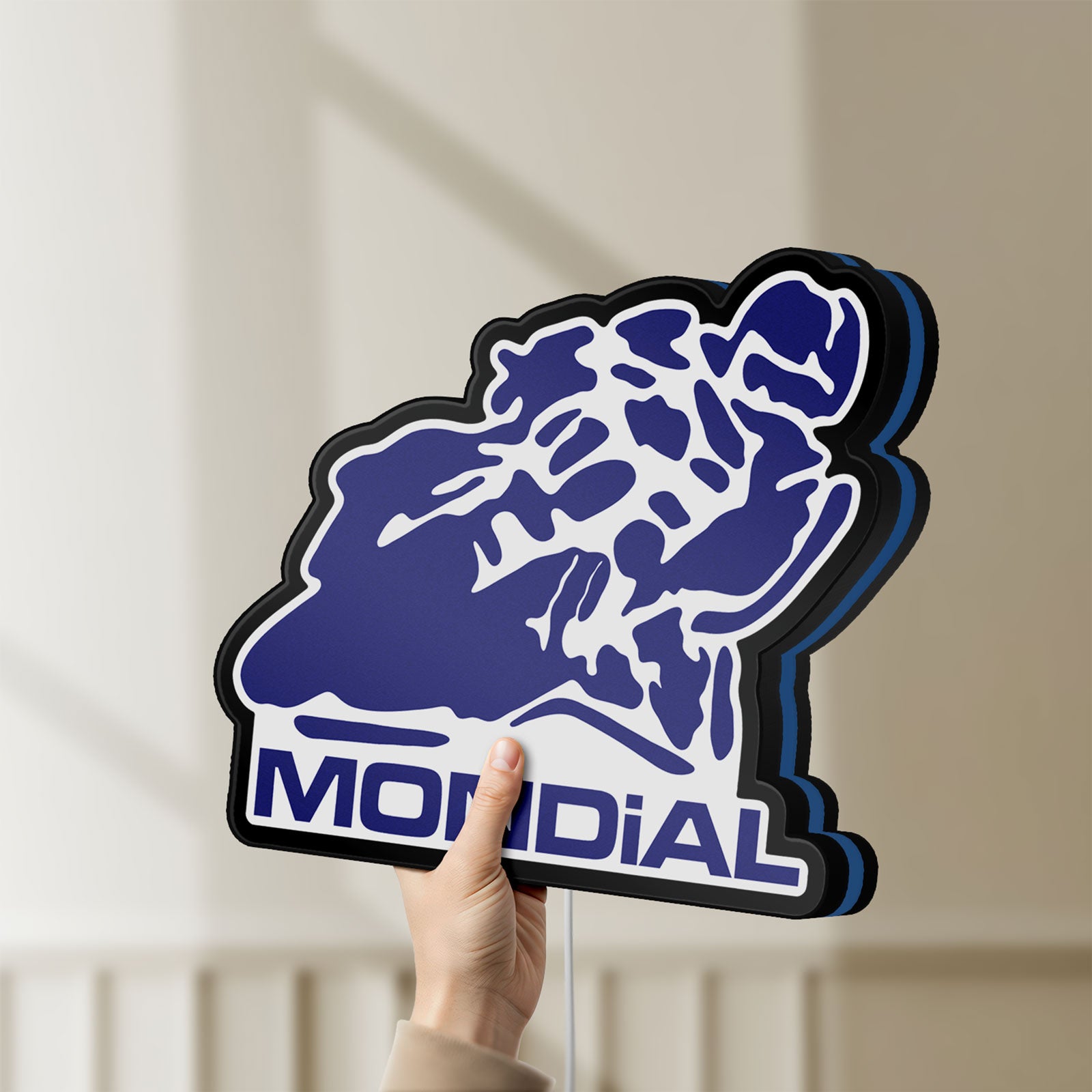 Unlit Mondial Motorcycle LED lightbox held by hand to show size and details
