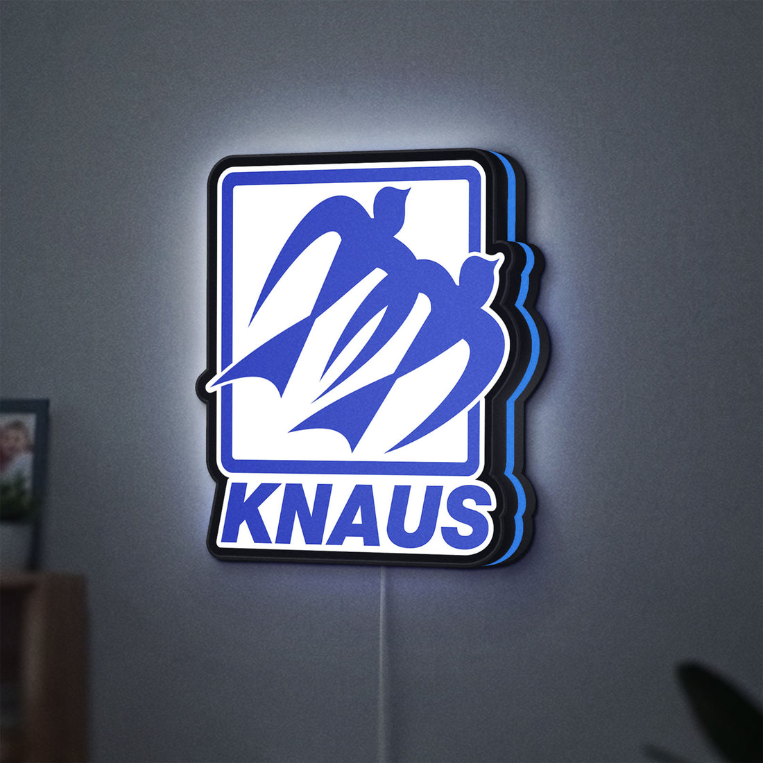 Knaus LED lightbox hanging on a wall with blue glow