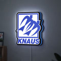 Knaus LED lightbox hanging on a wall with blue glow