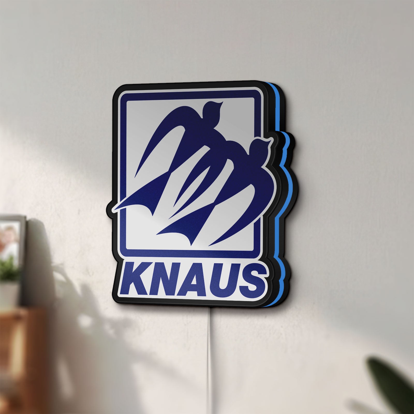 Unlit Knaus LED lightbox mounted on a wall in daylight