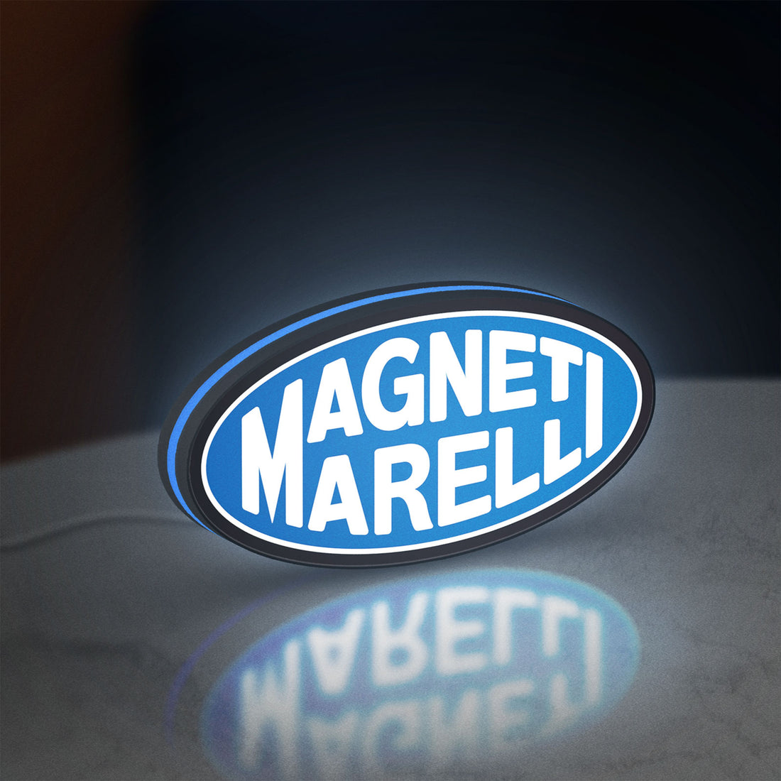 Magneti Marelli LED lightbox hanging on a wall with blue glow