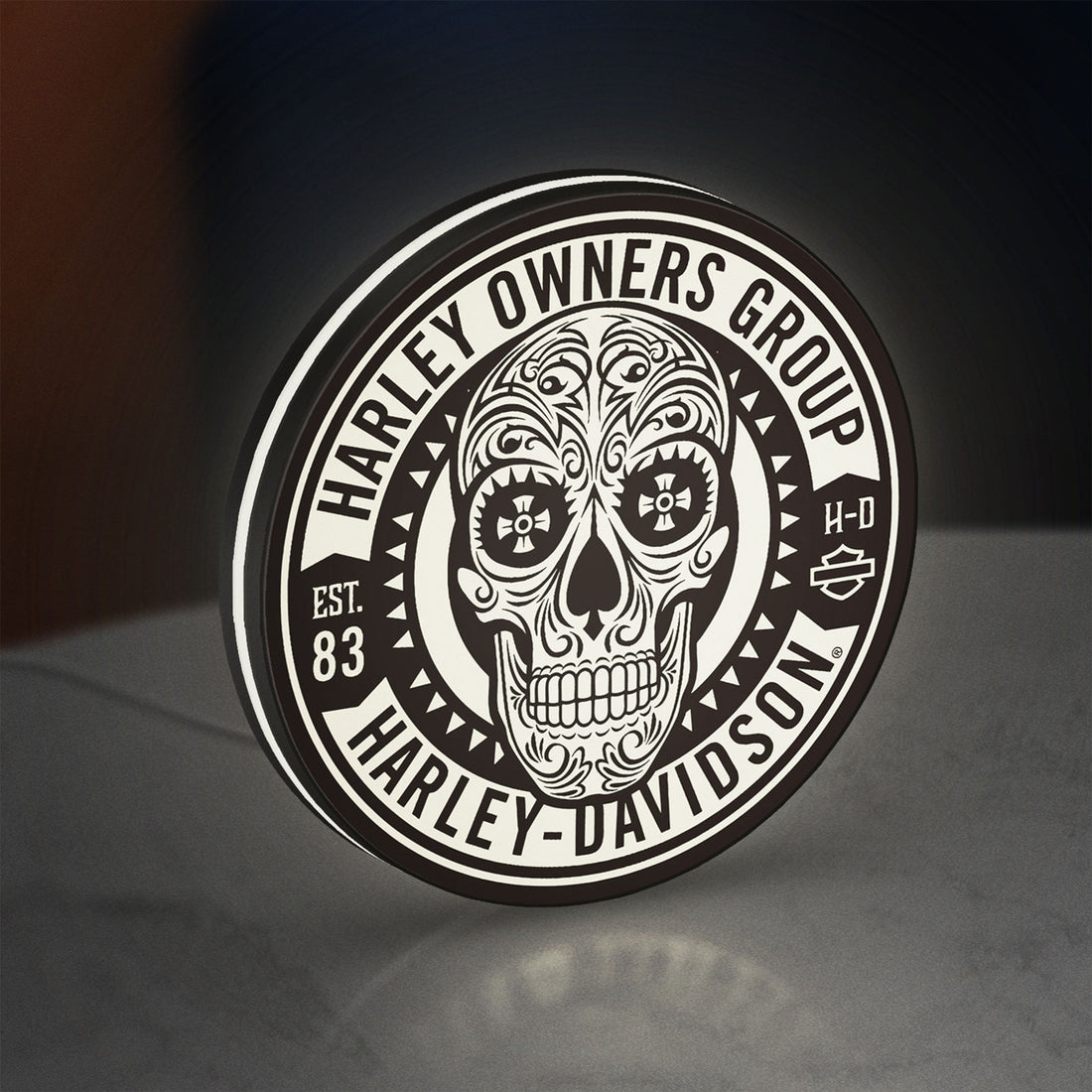 Harley Owners Group LED lightbox hanging on a wall with white glow