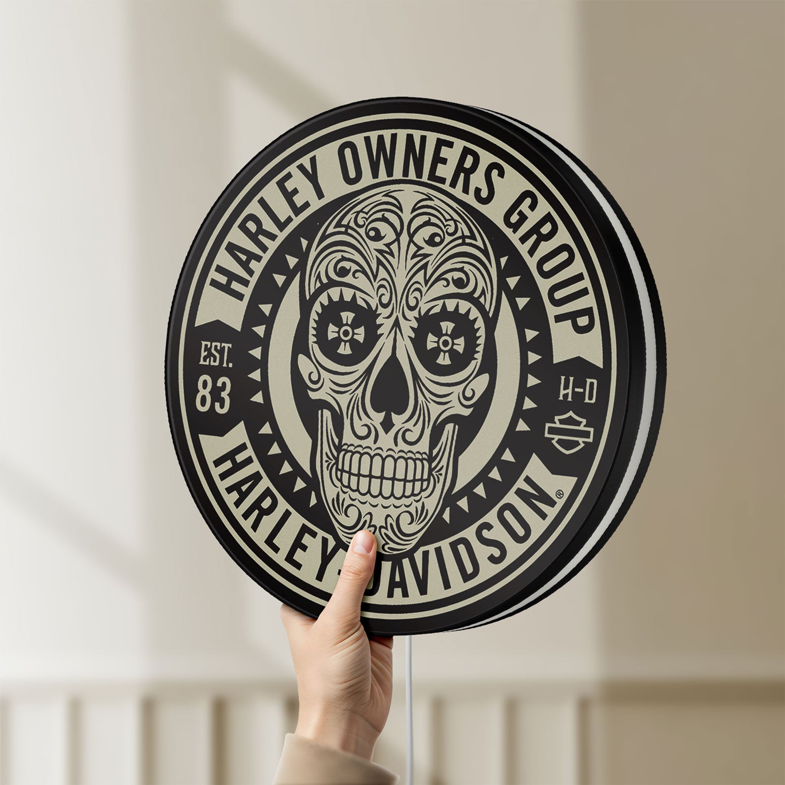 Unlit Harley Owners Group LED lightbox held by hand to show size and details