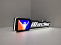Illuminated angled view standing of Iracing Illuminated Sign in 30cm, perfect for garage and man cave decor